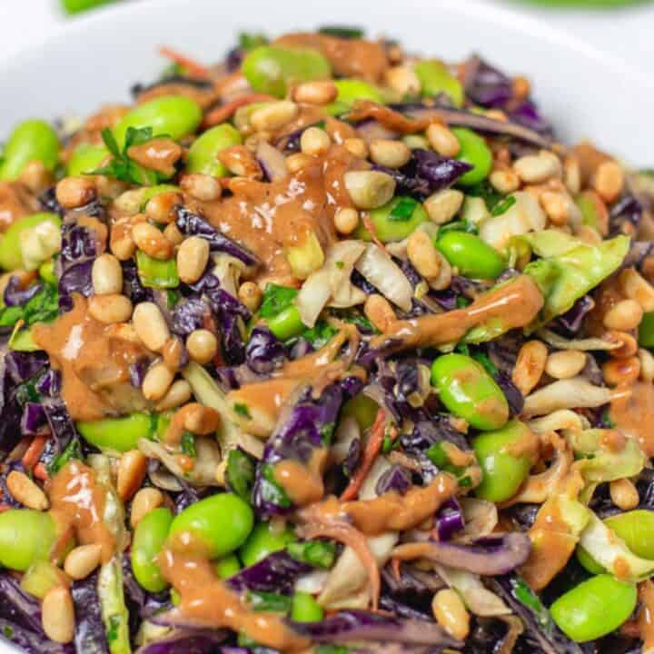 coleslaw with edamame and peanut sauce.