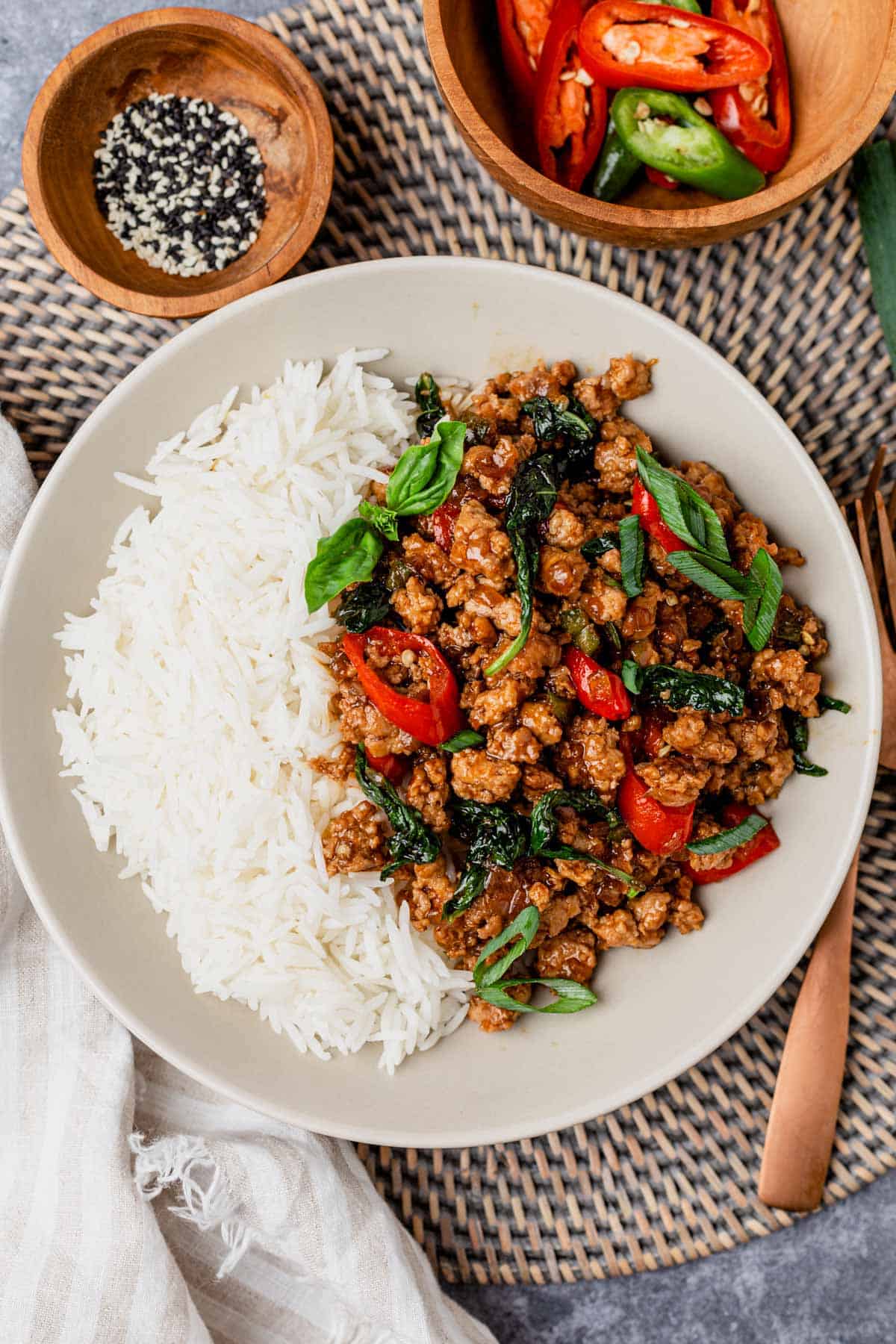 Thai Basil Chicken with fried egg and served over rice