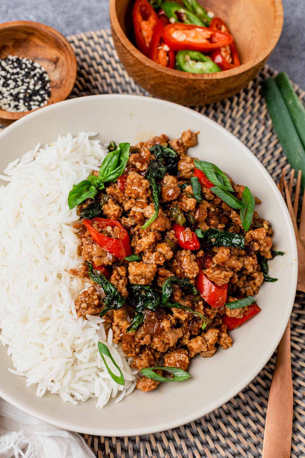 Thai Basil Chicken with fried egg and served over rice