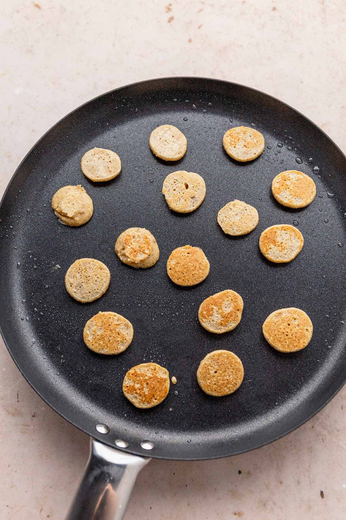 pancakes in a skillet.