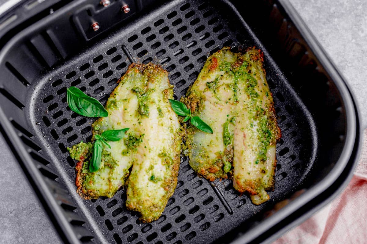 cooked air fryer tilapia with pesto