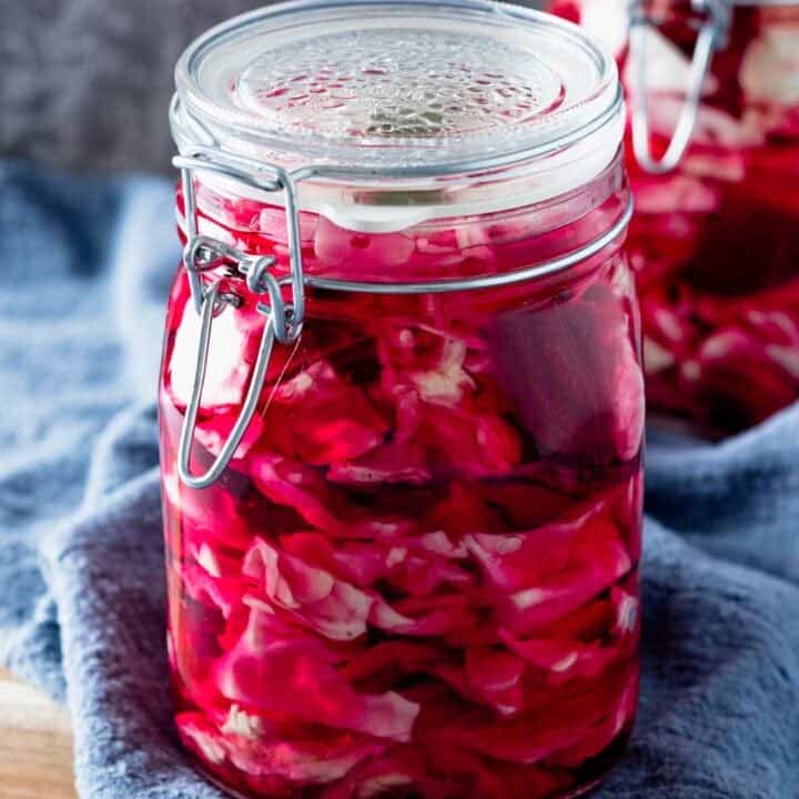 pink crispy pickled cabbage in a jar.