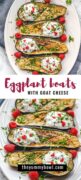 Oven-Roasted Eggplant boats loaded with yogurt and goat cheese dressing and a bit of raspberry together create a delicious and delicate flavor that almost asking to be eaten immediately. Perfect for vegetarians! #vegetarianeggplantboats #eggplanthalves #roasteeggplant #eggplantboats #healthyeggplantboats #bakedeggplantboats