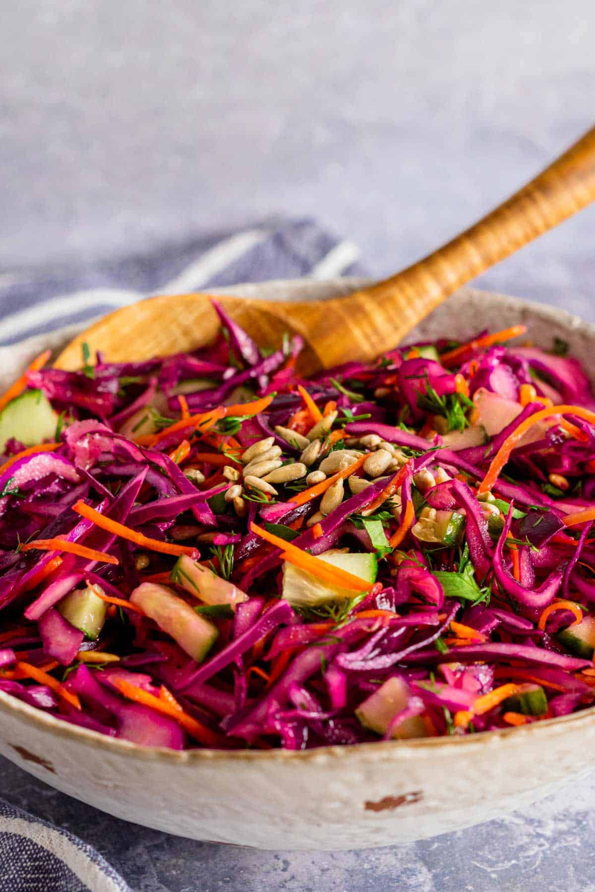 a bowl of red cabbage salad with dressing.