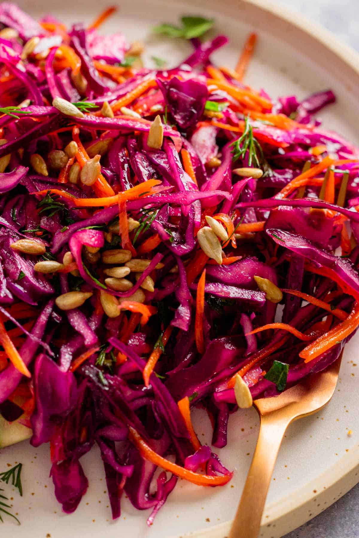 a bowl of red cabbage salad with dressing.