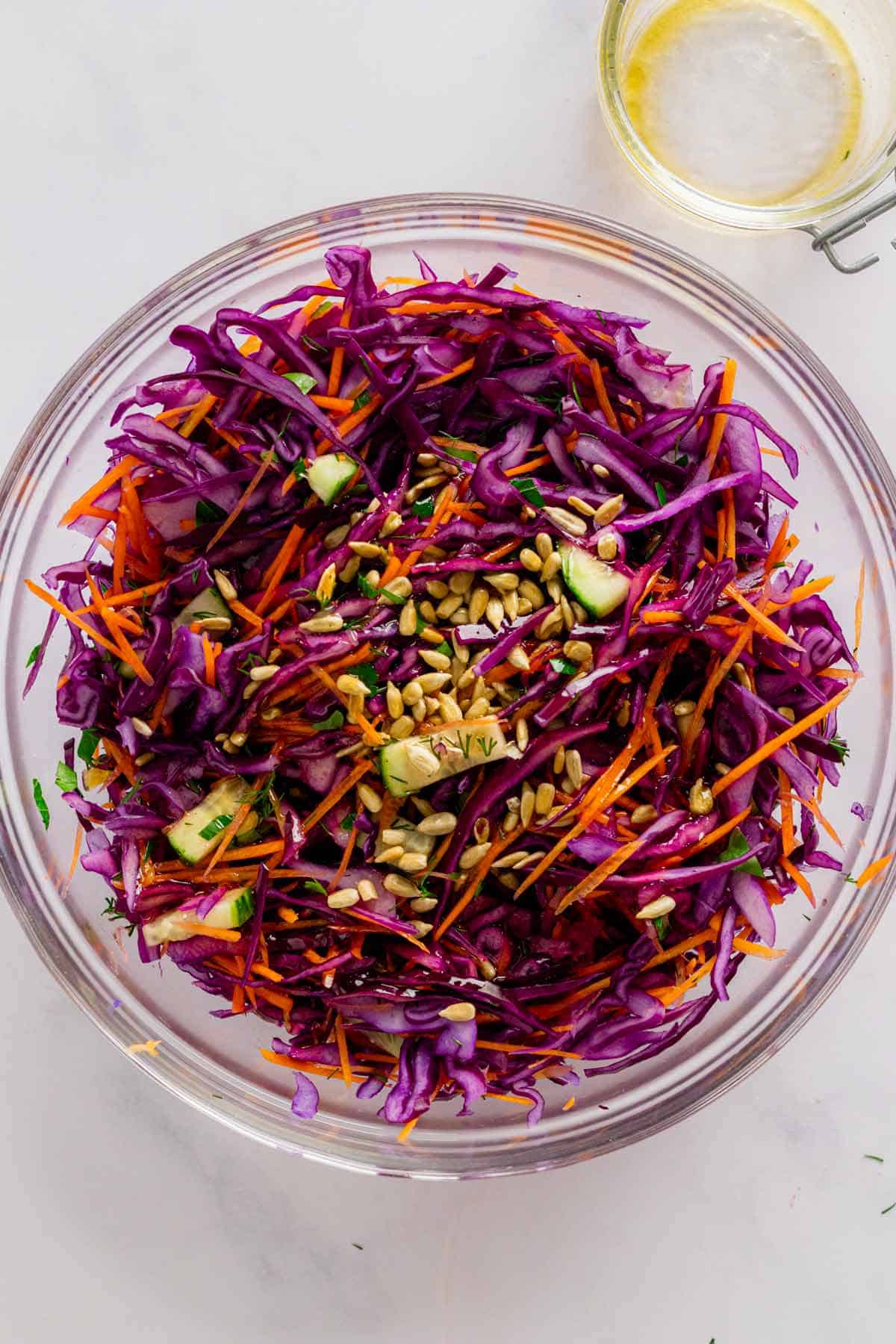 a bowl of mixed red cabbage salad.