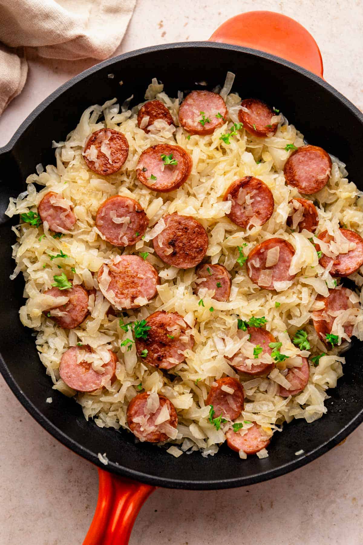 cooked sauerkraut and kielbasa skillet.