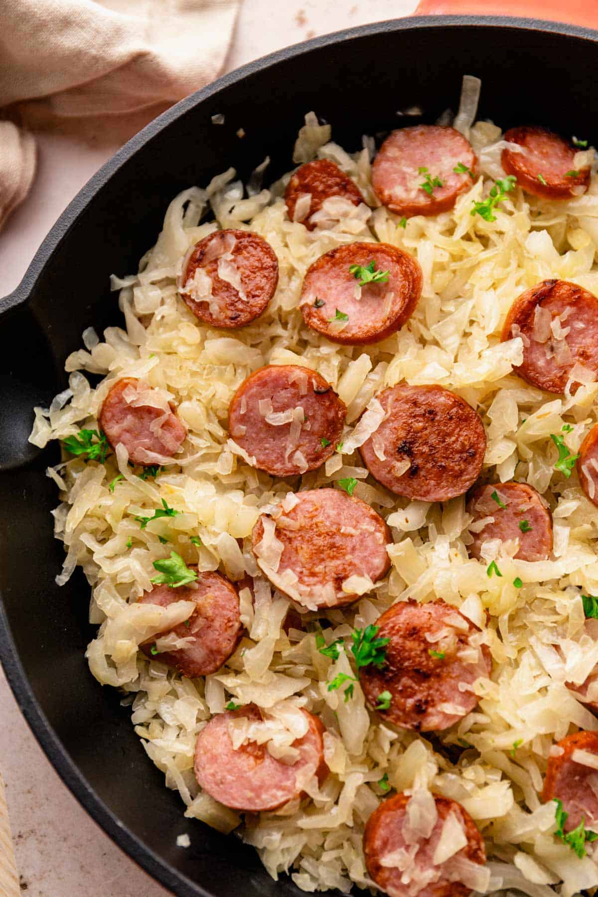 cooked sauerkraut and kielbasa skillet.