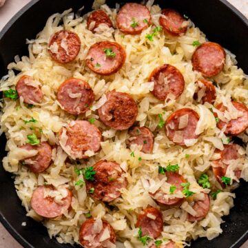 cooked sauerkraut and kielbasa skillet.