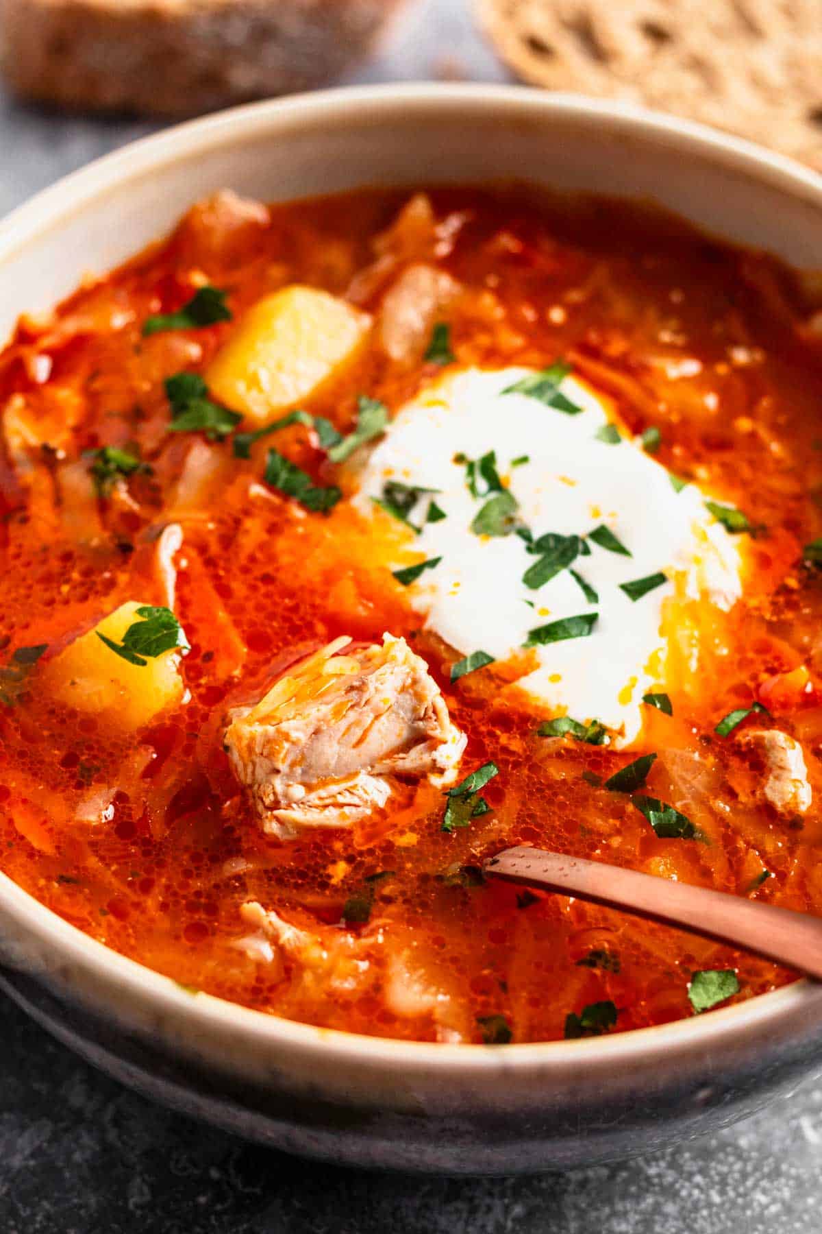 sauerkraut soup with meat and sour cream in a bowl.