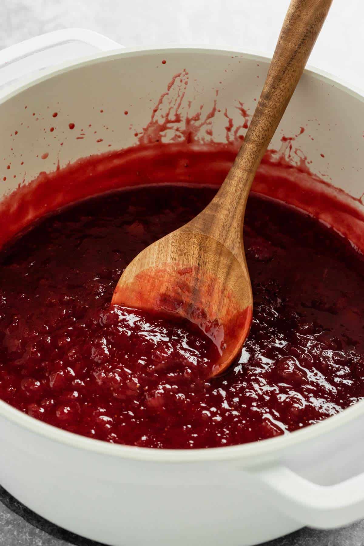 strawberry rhubarb jam in a pot