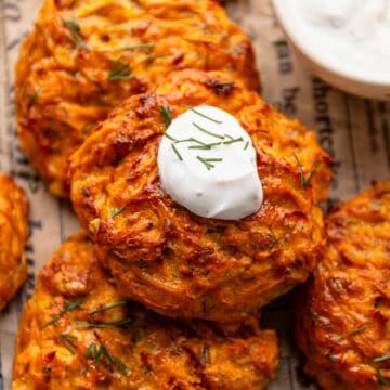 sweet potato fritters with sour cream and dill.