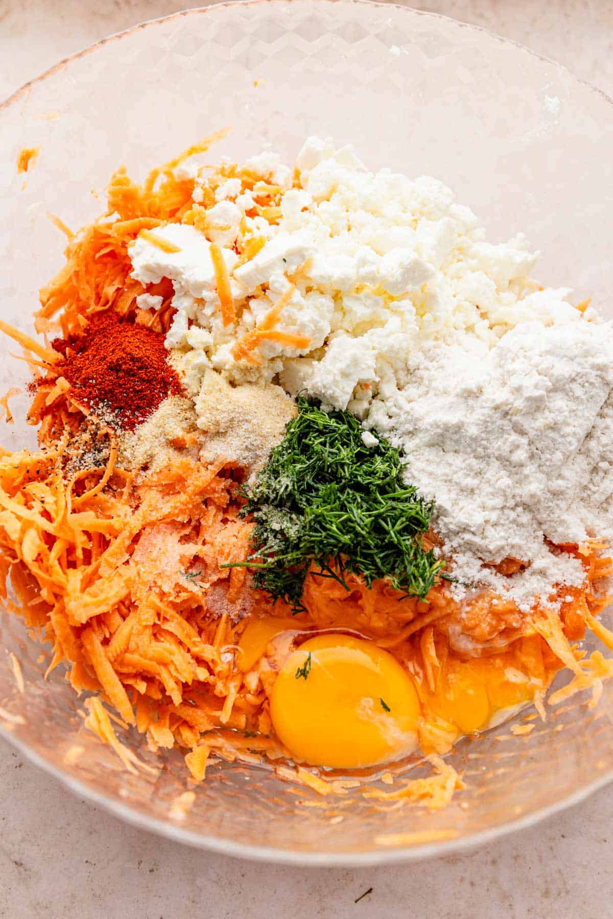 sweet potato fritters filling in a bowl.