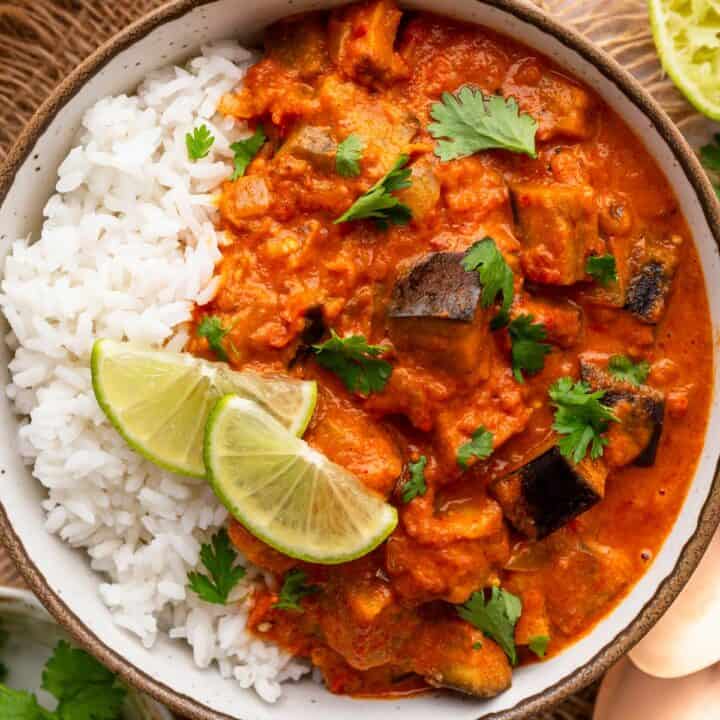 eggplant curry and rice bowl.