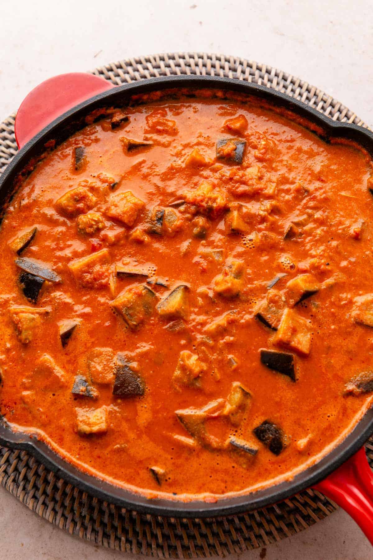 eggplant curry in skillet ready.