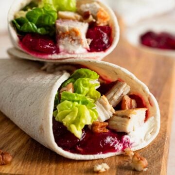 turkey wrap with cranberry sauce and lettuce.