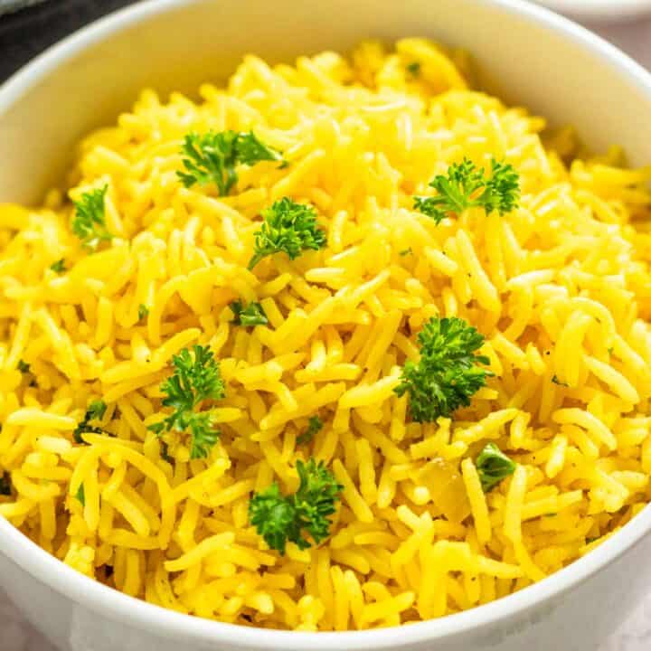 a bowl of yellow rice.