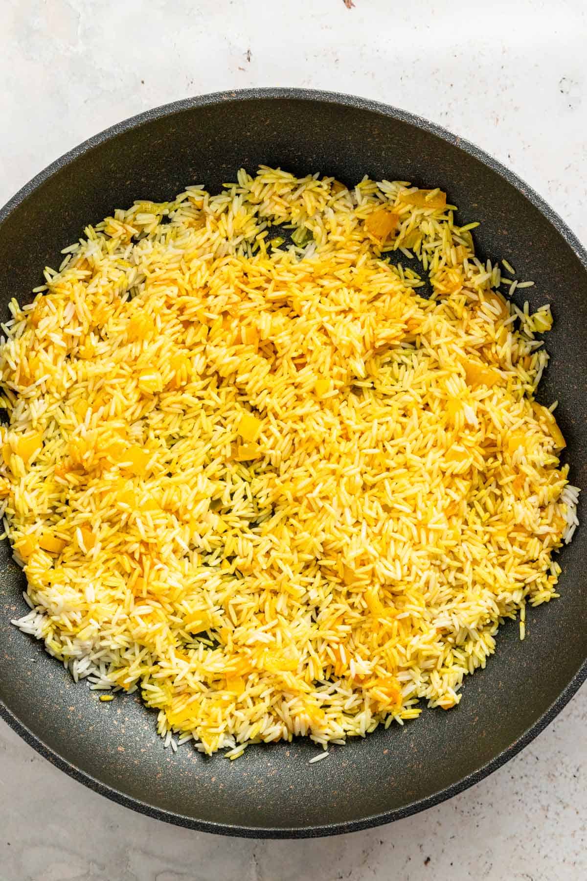 rice added to onion skillet.