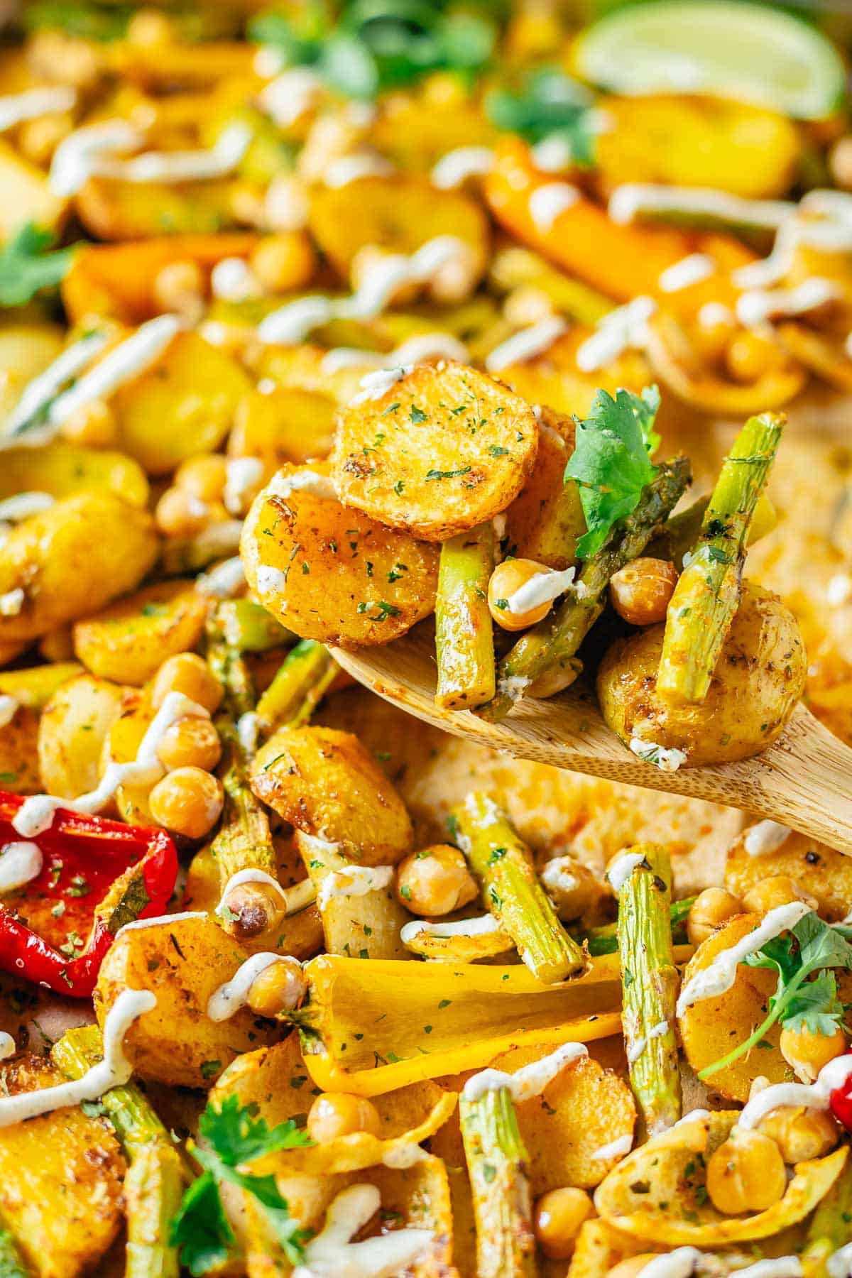 baked vegetables in a sheet pan drizzled with vegan white dressing