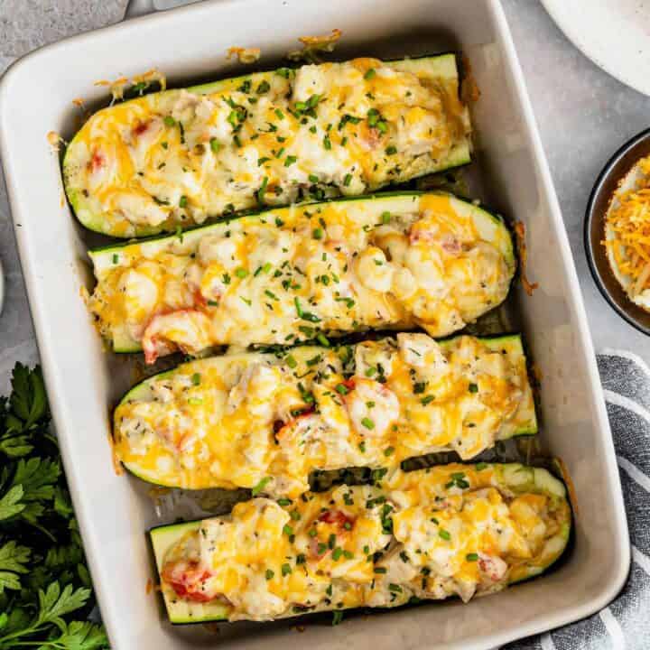 chicken stuffed zucchini boats.