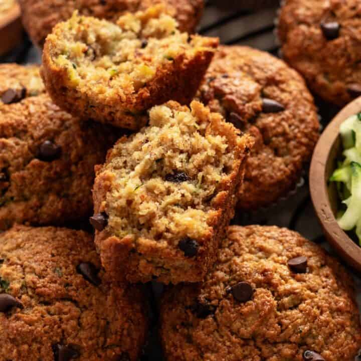 a bite shot from zucchini chocolate chip muffins.